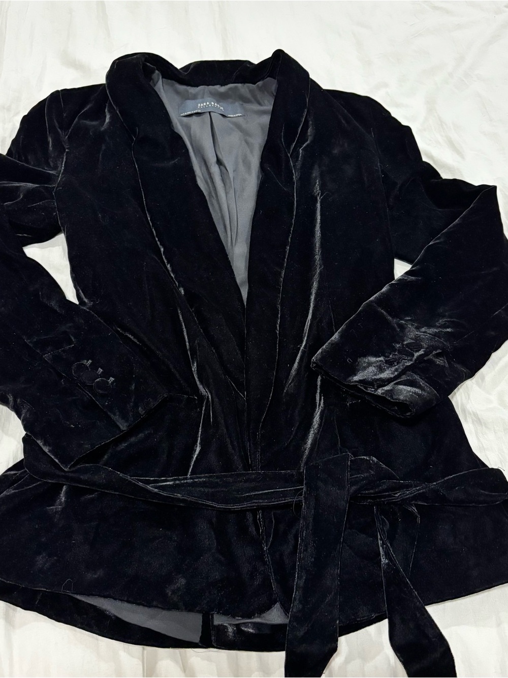 Velvet Tie-Waist Blazer Jacket - Black